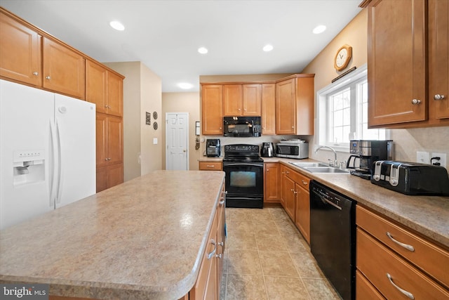 kitchen with light tile patterned floors, recessed lighting, a kitchen island, a sink, and black appliances