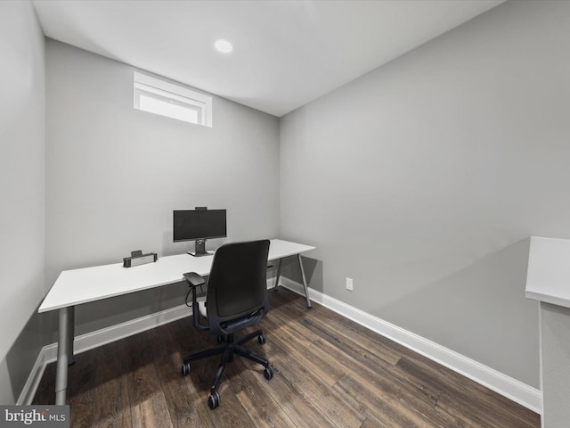 office with baseboards and dark wood finished floors