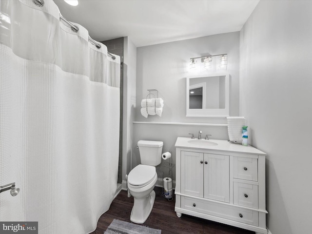 bathroom with vanity, toilet, and wood finished floors