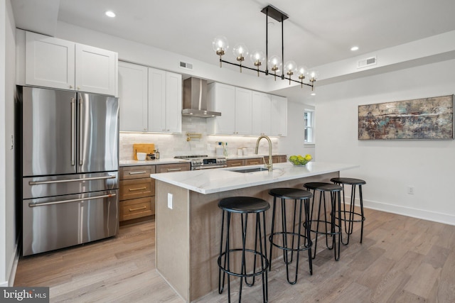 kitchen with sink, a center island with sink, appliances with stainless steel finishes, white cabinets, and wall chimney range hood