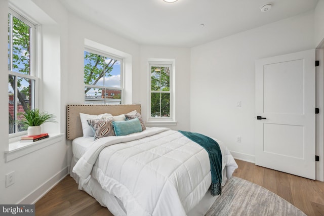 bedroom with multiple windows and hardwood / wood-style flooring