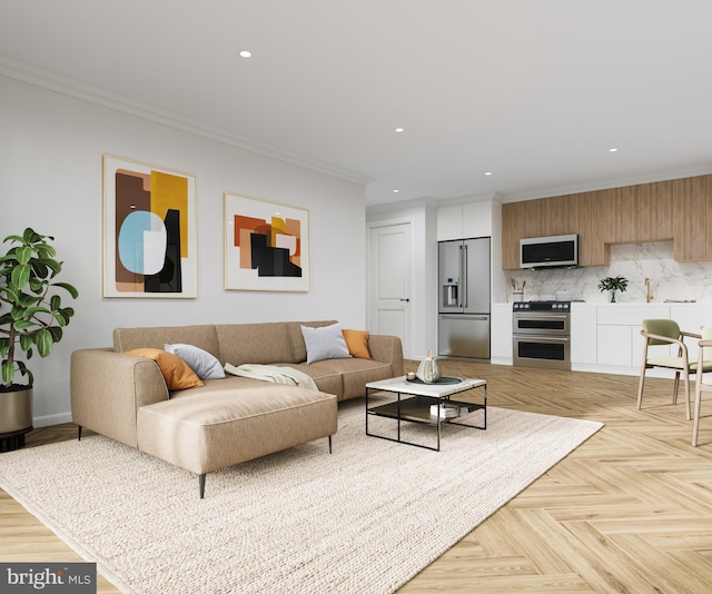 living room featuring light parquet floors and ornamental molding