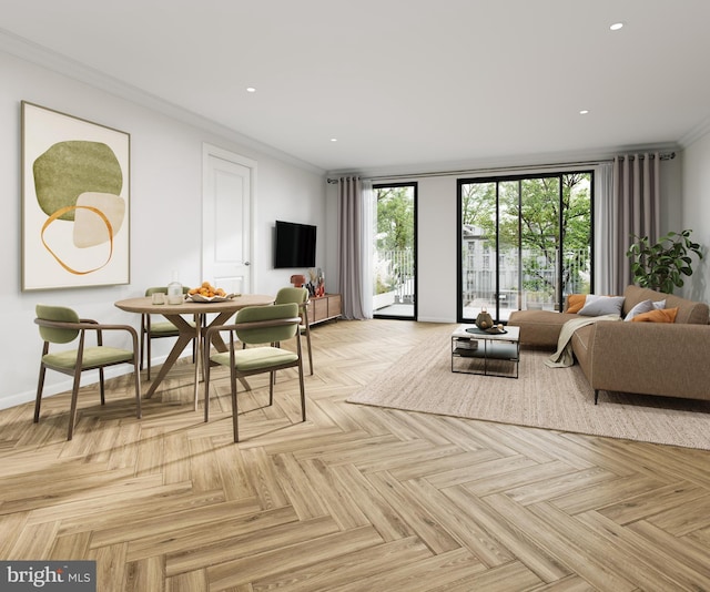 living room featuring crown molding and light parquet floors