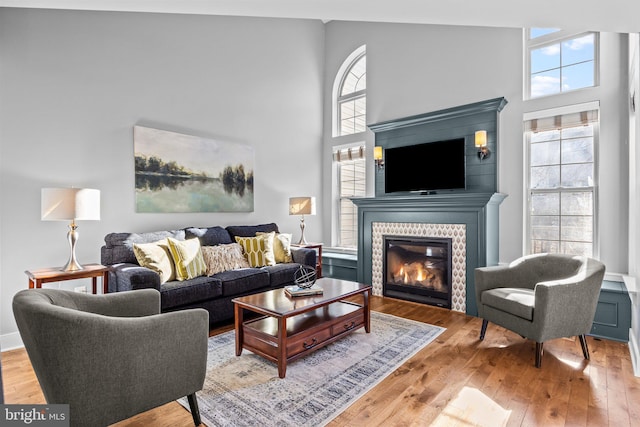 living room with light hardwood / wood-style flooring and a high ceiling