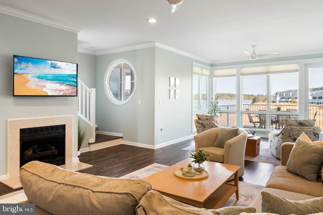 living room featuring crown molding, ceiling fan, a premium fireplace, and dark wood-type flooring