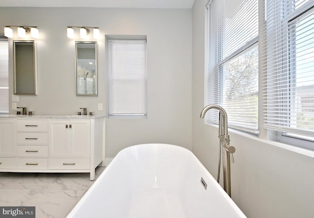 bathroom with vanity and a washtub