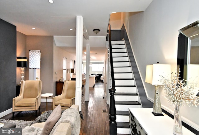 living room with dark wood-type flooring