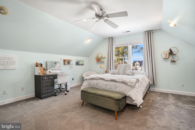 bedroom featuring lofted ceiling, carpet, visible vents, and baseboards