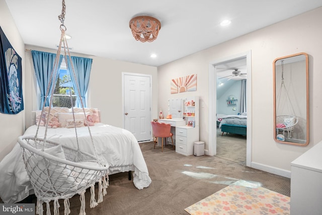 bedroom featuring baseboards, recessed lighting, and light colored carpet