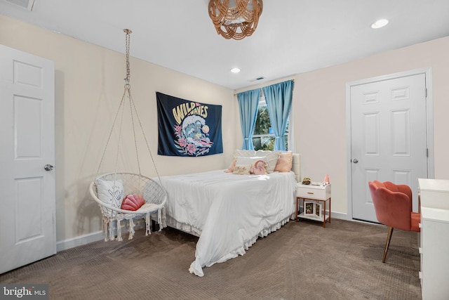 bedroom featuring carpet floors, recessed lighting, visible vents, and baseboards