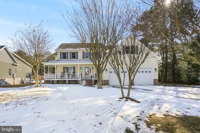 view of front of house with a porch, brick siding, and a garage