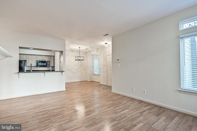 unfurnished living room featuring light wood-style flooring, visible vents, baseboards, and a sink