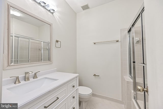 bathroom with baseboards, visible vents, toilet, marble finish floor, and vanity