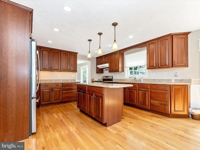 kitchen with recessed lighting, under cabinet range hood, appliances with stainless steel finishes, and light wood-style flooring