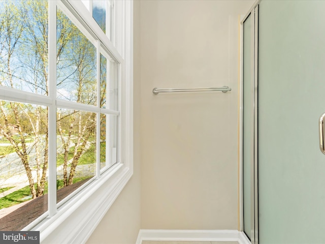 bathroom with a shower with shower door, plenty of natural light, and baseboards