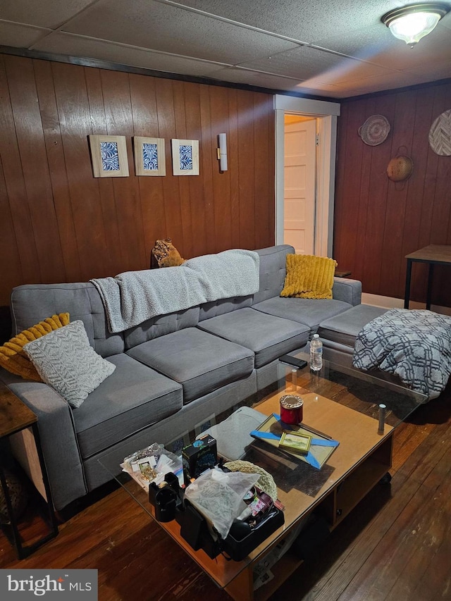 living area with wood walls and wood finished floors