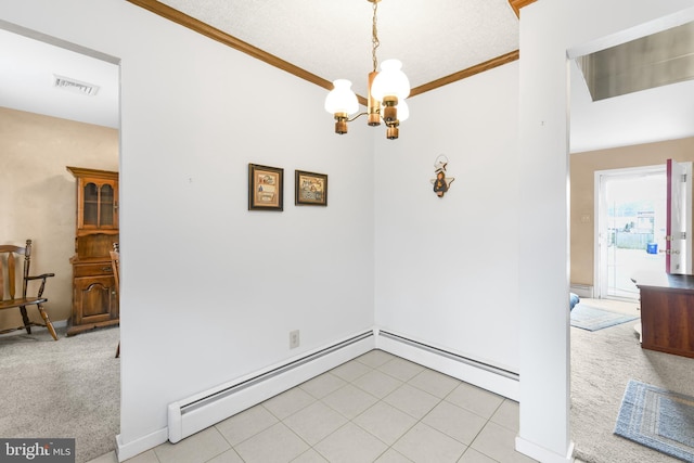 tiled dining room with baseboard heating, an inviting chandelier, and crown molding