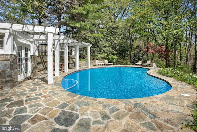 view of pool with french doors, a patio area, and a pergola