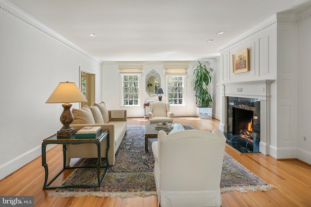 living room featuring ornamental molding, a fireplace, and light hardwood / wood-style flooring