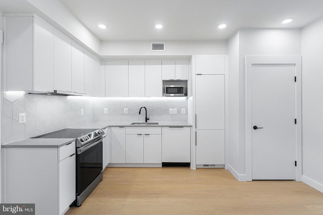 kitchen with sink, appliances with stainless steel finishes, white cabinetry, decorative backsplash, and light wood-type flooring