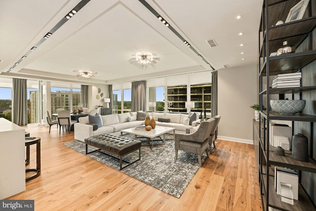 living room with light hardwood / wood-style floors and a raised ceiling