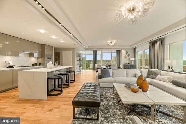 living room with a chandelier and light hardwood / wood-style flooring