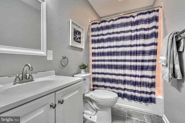 full bathroom featuring vanity, shower / bathtub combination with curtain, and toilet