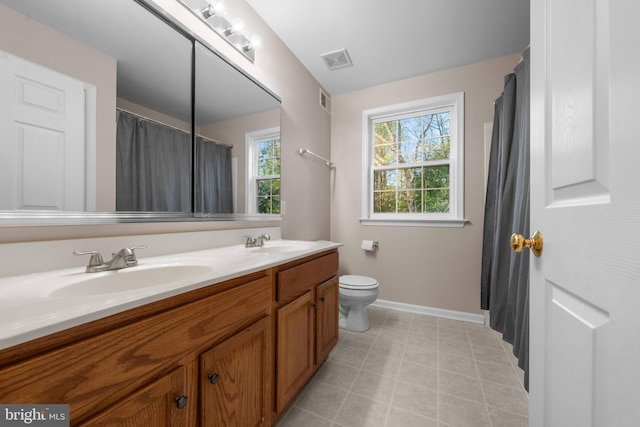full bathroom featuring double vanity, a sink, visible vents, and toilet