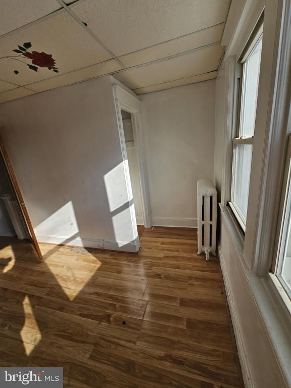 interior space with radiator, a drop ceiling, and dark hardwood / wood-style flooring