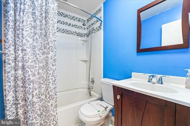 full bathroom with vanity, toilet, and shower / bath combination with curtain