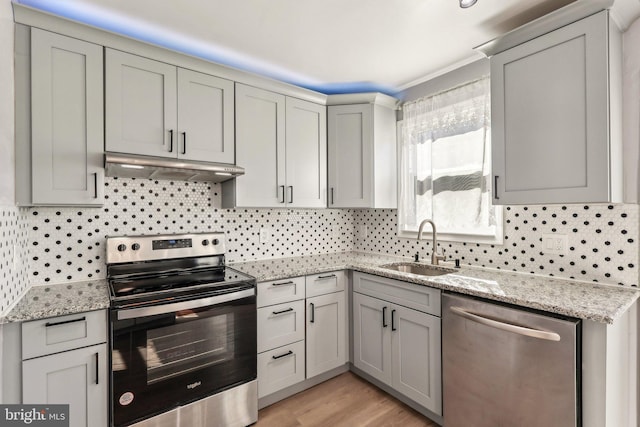 kitchen with stainless steel appliances, a sink, under cabinet range hood, and decorative backsplash