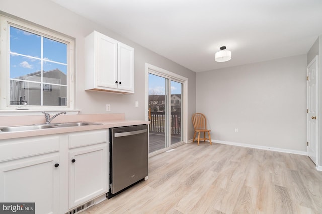 kitchen featuring visible vents, a sink, white cabinets, light wood-style floors, and stainless steel dishwasher