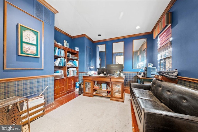 office space featuring ornamental molding and carpet flooring