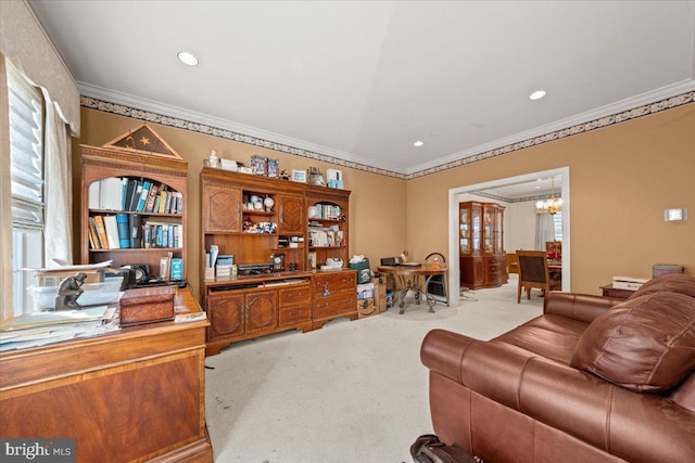 carpeted office space with crown molding and an inviting chandelier