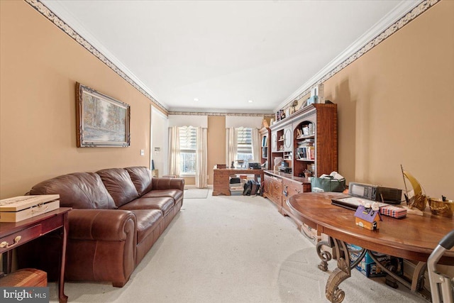 carpeted living room featuring crown molding