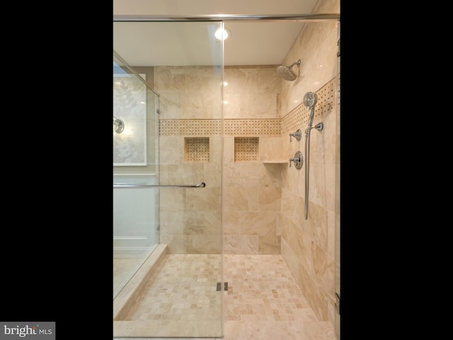 bathroom featuring a shower with door