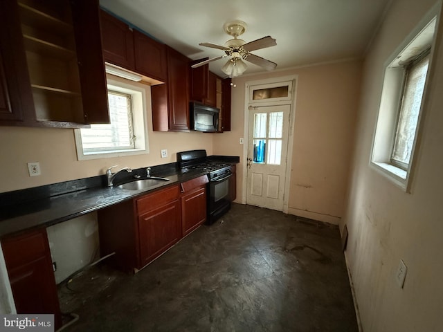 kitchen featuring ceiling fan, sink, and black appliances