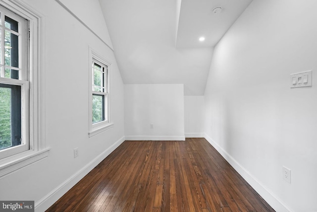 additional living space with lofted ceiling and dark hardwood / wood-style flooring