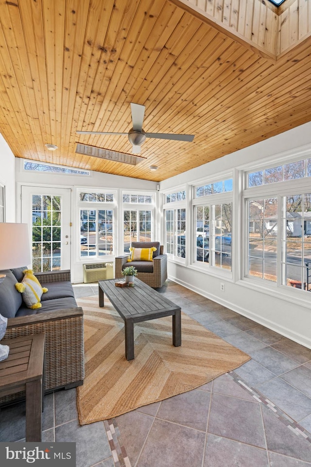 sunroom with wood ceiling and ceiling fan