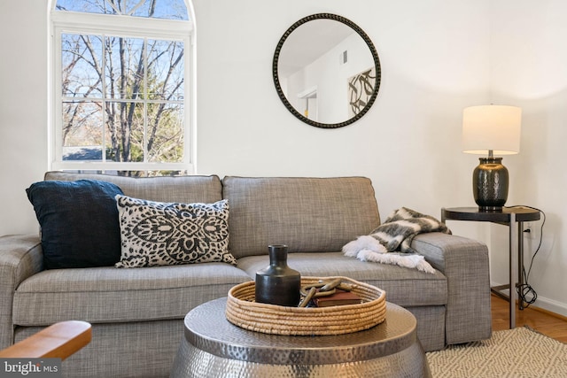 living room with baseboards and wood finished floors