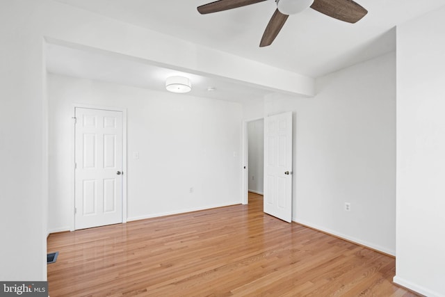 spare room with light wood-style flooring, visible vents, baseboards, and beamed ceiling