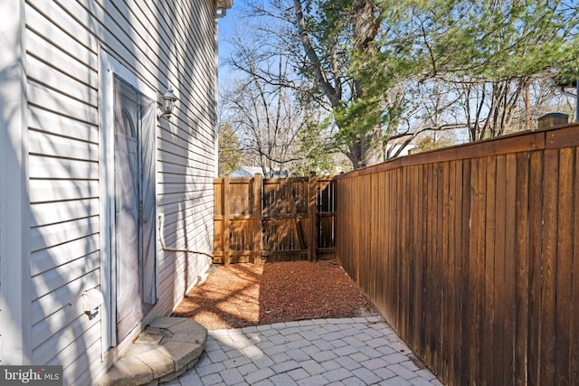 view of yard featuring a patio area, a fenced backyard, and a gate