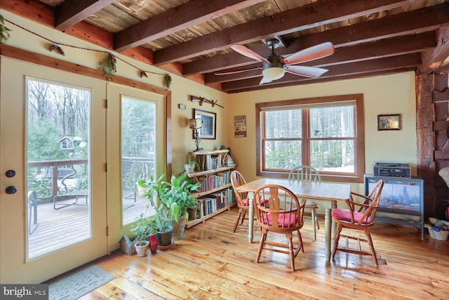 interior space featuring a healthy amount of sunlight, wooden ceiling, wood-type flooring, and beamed ceiling