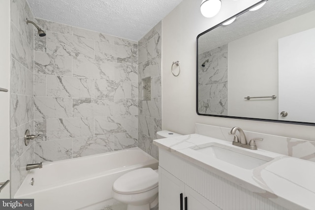 bathroom featuring shower / bathtub combination, toilet, a textured ceiling, and vanity