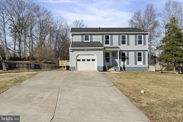 view of front of property featuring concrete driveway, fence, a front lawn, and an attached garage