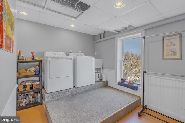 3 Ingram Bay Dr, Heathsville, VA 22473 - clothes washing area featuring a wainscoted wall, washing machine and dryer, radiator, laundry area, and recessed lighting