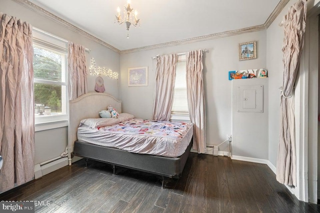 bedroom featuring crown molding, dark hardwood / wood-style floors, a chandelier, and baseboard heating