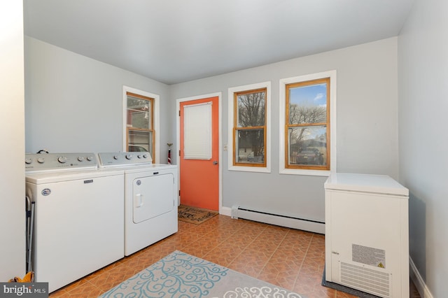 laundry room with washing machine and clothes dryer and baseboard heating