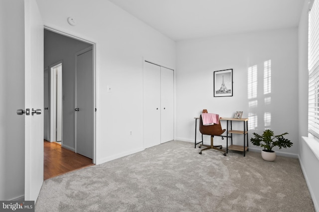 office with baseboards and carpet flooring