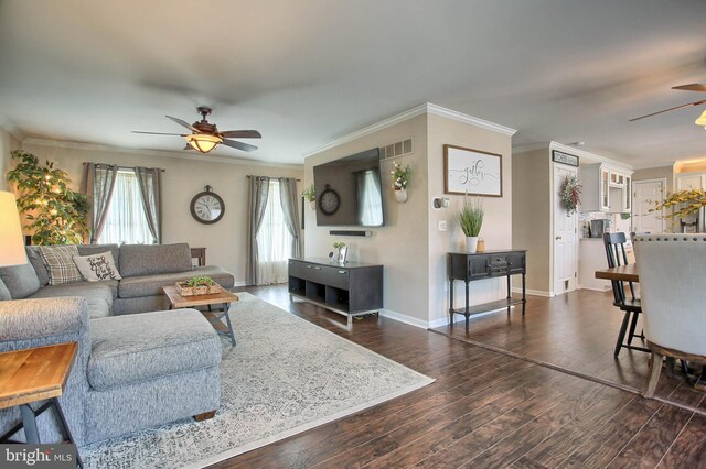 living area featuring ceiling fan, baseboards, dark wood-type flooring, visible vents, and ornamental molding
